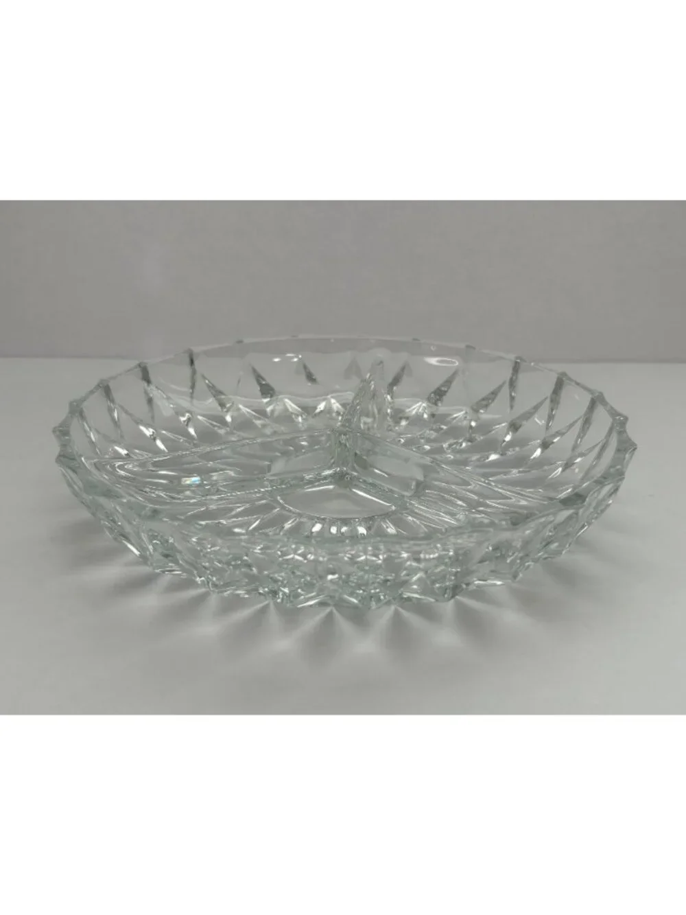 Vintage MCM Clear Glass Divided Makeup Trinket Serving Dish Diamond Pattern Glam